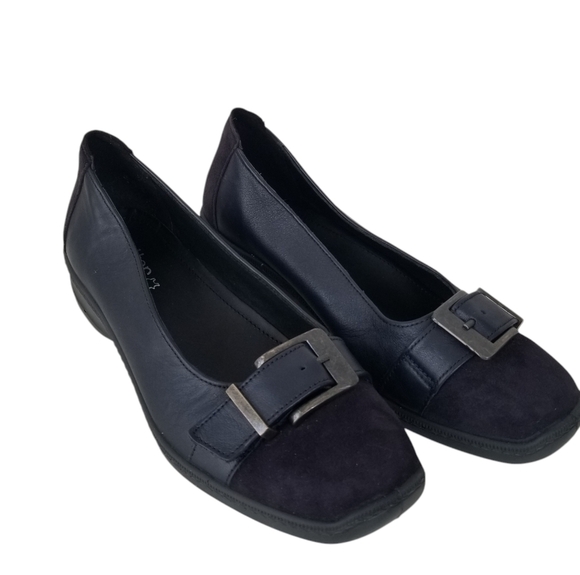 Hotter Navy Blue Suede Upper Slip on Shoes Buckle Front Size 8 Comfort Casual - Picture 1 of 11